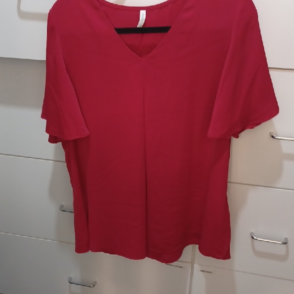 Vibrant Red T-Shirt Blouse with V-Neck